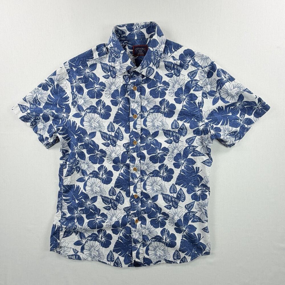 UNTUCKit Men's Small Slim Fit Blue & White Floral Short Sleeve Button-Up Shirt